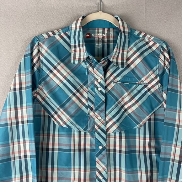 Simms Fishing Shirt Womens Medium Plaid Nylon Pearl Snap Western Outdoors - Picture 2 of 14